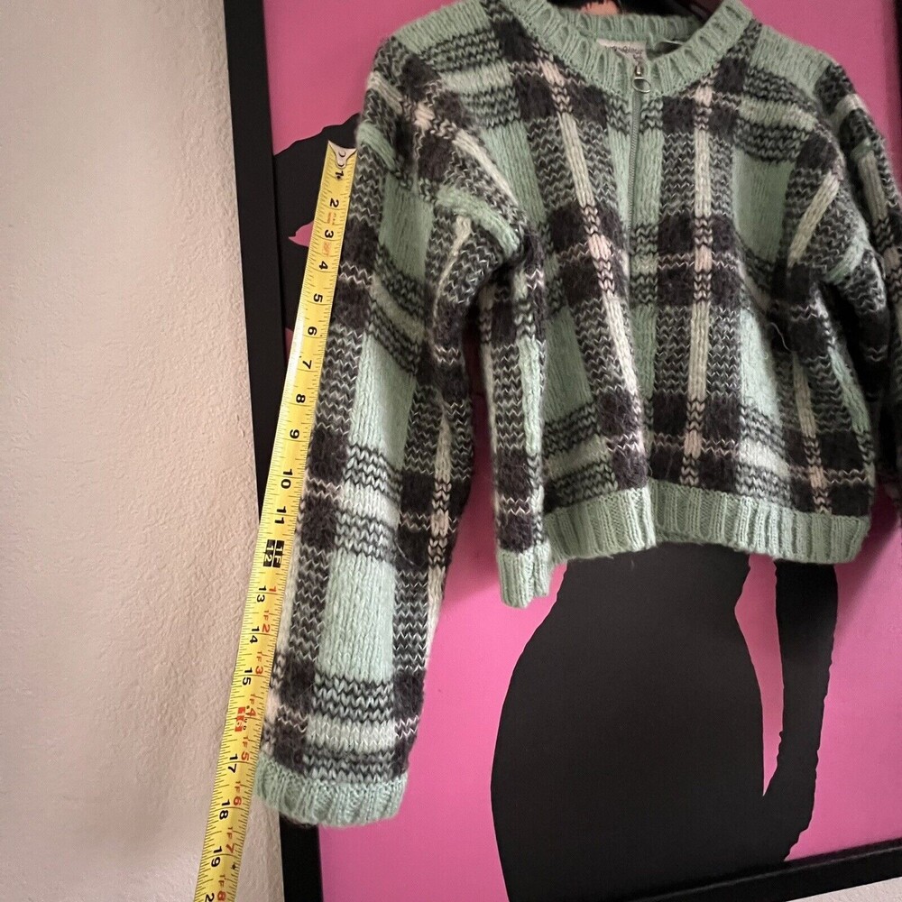 Vintage Anthropologie Womens Acrylic Wool Mohair Plaid Zip Cardigan Mint - Picture 6 of 7